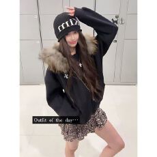 纯棉华棉复合薄款320克/加绒420克布面+手感印花毛领开衫外套女