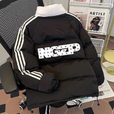 可退换甜酷风撞色拼接三条杠宽松外套冬季棉服立领印花面包服女