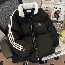 批发可退换甜酷风撞色拼接三条杠宽松外套冬季棉服立领印花面包服女