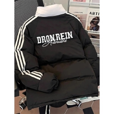 批发可退换甜酷风撞色拼接三条杠宽松外套冬季棉服立领印花面包服女