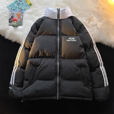 批发可退换甜酷风撞色拼接三条杠宽松外套冬季棉服立领印花面包服女