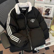 批发可退换甜酷风撞色拼接三条杠宽松外套冬季棉服立领印花面包服女