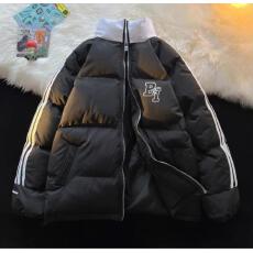 批发可退换甜酷风撞色拼接三条杠宽松外套冬季棉服立领印花面包服女