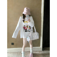 现货现配高质量纯棉200克21支精梳精密印花秋季宽松长袖T恤女