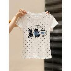 原版做法纯棉220克40支奥代尔食毛+手感修身收腰波点印花T恤女