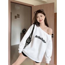 批发纯棉华棉复合薄款320克/加绒420克布面+手感印花斜肩露肩卫衣女