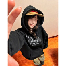 纯棉华棉复合薄款320克/加绒420克布面+手感印花无帽绳连帽卫衣女