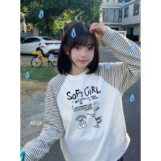 高品质纯棉230克19支食毛+手感超爽滑插肩原版条纹长袖T恤女