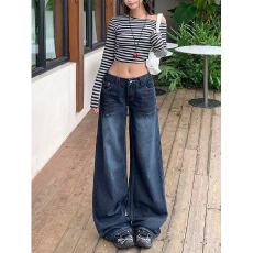 批发复古深蓝灰阔腿<b class='q'>牛仔</b>裤女秋冬新款显瘦加绒宽松低腰不贴腿直筒长裤