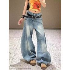 批发辣妹弯刀裤女美式复古做旧<b class='q'>牛仔</b>裤女夏季高腰显瘦阔腿宽松拖地长裤
