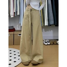 批发美式卡其色高腰阔腿<b class='q'>牛仔</b>裤女2025秋季新款宽松显瘦设计感直筒裤子