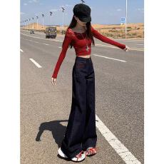 批发深蓝色高腰微喇<b class='q'>牛仔裤</b><b class='q'>女</b>秋季2025年新款秋冬修身显瘦马蹄喇叭裤子