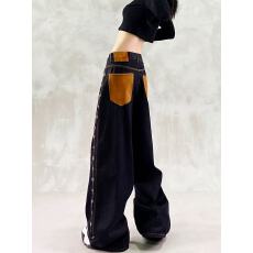 批发<b class='q'>帅气</b>拼色口袋设计休闲牛仔裤女秋新款高腰宽松显瘦百搭直筒阔腿裤