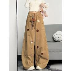 批发卡其色新款刺绣小狗垂感阔腿牛仔裤女美式复古<b class='q'>春秋</b>高腰显瘦直筒裤