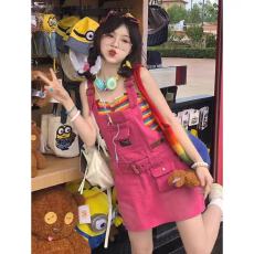 批发甜系<b class='q'>背带裙</b>女夏小个子显瘦百搭多巴胺穿搭火龙果工装腰带牛仔短裙
