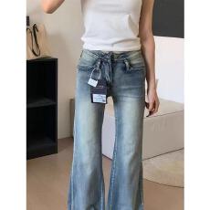 批发美式复古水洗浅蓝色低腰微喇<b class='q'>牛仔裤</b>女新款修身显瘦弹力喇叭长裤