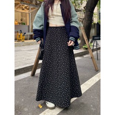 批发实拍 2025黑色毛呢高腰垂感A字碎花半身裙<b class='q'>长裙</b>