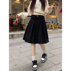 实拍 复古毛呢学院风百褶裙配腰带 百搭显瘦中裙