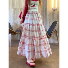 批发实拍 2026松紧高腰格纹拼接款中长裙子