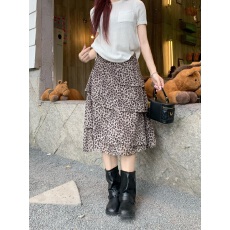 批发实拍 2026豹纹波点雪纺荷叶边A裙 侧边拉链层次感蛋糕中裙