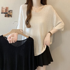 批发实拍~<b class='q'>大码</b>新款V领软糯纯色百搭遮肉显瘦短袖针织上衣