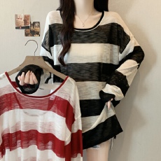 批发实拍~<b class='q'>大码</b>新款微透露背撞色条纹遮肉显瘦长袖防晒针织罩衫