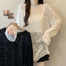 批发实拍~大码新款气质法式蕾丝花边拼接宽松百搭长袖上衣