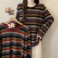 批发实拍~大码新款圆领撞色条纹百搭遮肉显瘦套头针织衫上衣