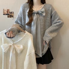 批发实拍~大码新款甜美慵懒风花边蝴蝶结百搭遮肉显瘦<b class='q'>毛衣</b>