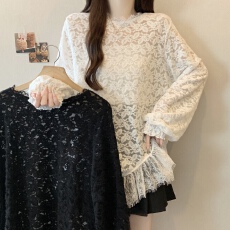 批发实拍~大码新款气质蕾丝拼接打底衫遮肉显瘦百搭长袖上衣