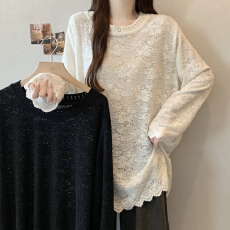 批发实拍~大码新款圆领提花蕾丝打底衫百搭遮肉显瘦长袖上衣