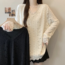 批发实拍~大码新款V领加厚牛奶丝磨毛蕾丝拼接宽松百搭遮肉显瘦上衣