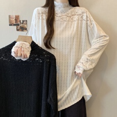 批发实拍~大码新款高龄气质蕾丝打底衫百搭遮肉显瘦长袖上衣