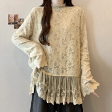 批发实拍~大码新款复古半高领蕾丝打底衫遮肉显瘦百搭长袖上衣