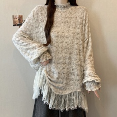 批发实拍~大码新款半高领复古碎花蕾丝拼接遮肉显瘦百搭长袖上衣