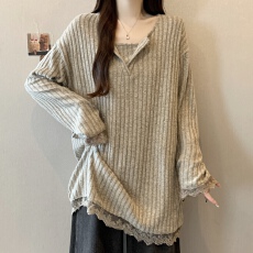 批发实拍~大码新款慵懒风蕾丝花边拼接遮肉显瘦百搭亮闪闪长袖上衣