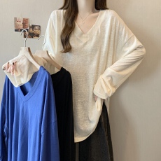批发实拍~大码新款港风休闲V领打底衫宽松百搭显瘦长袖T恤