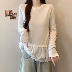 批发实拍~<b class='q'>大码</b>新款气质蕾丝拼接<b class='q'>打底衫</b>百搭遮肉显瘦长袖T恤