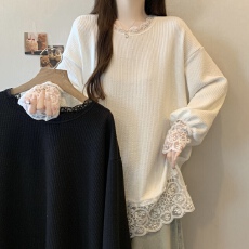 批发实拍~大码新款慵懒风肌理感蕾丝拼接遮肉显瘦百搭长袖上衣