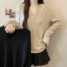 批发实拍~大码新款V领简约加厚薄绒打底衫百搭遮肉显瘦长袖上衣