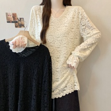批发实拍~<b class='q'>大码</b>新款加绒加厚V领蕾丝<b class='q'>打底衫</b>百搭遮肉显瘦长袖上衣
