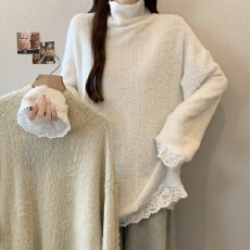 批发实拍~大码新款慵懒风高领<b class='q'>蕾丝</b>毛毛打底衫百搭遮肉显瘦长袖<b class='q'>上衣</b>