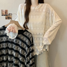 批发实拍~大码新款撞色条纹蕾丝镂空打底衫百搭显瘦长袖上衣