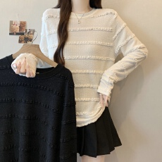 批发实拍~大码新款极简风圆领木耳边打底衫百搭遮肉显瘦长袖上衣