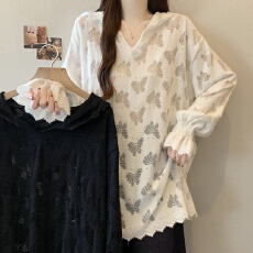 批发实拍~大码新款慵懒风喇叭袖百搭遮肉显瘦蝴蝶钩花连帽蕾丝上衣