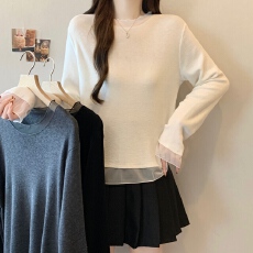 批发实拍~大码新款气质蕾丝拼接百搭显瘦长袖针织上衣