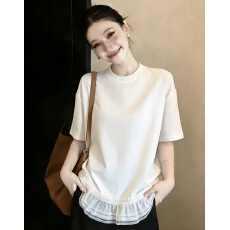 批发实拍~大码新款蕾丝花边珍珠拼接遮肉显瘦短袖T恤上衣