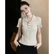 批发实拍~大码新款老钱风复古翻领针织衫百搭显瘦短袖上衣