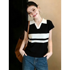 批发实拍实价~大码新款<b class='q'>夏</b>季polo领条纹显瘦冰丝针织短袖T恤