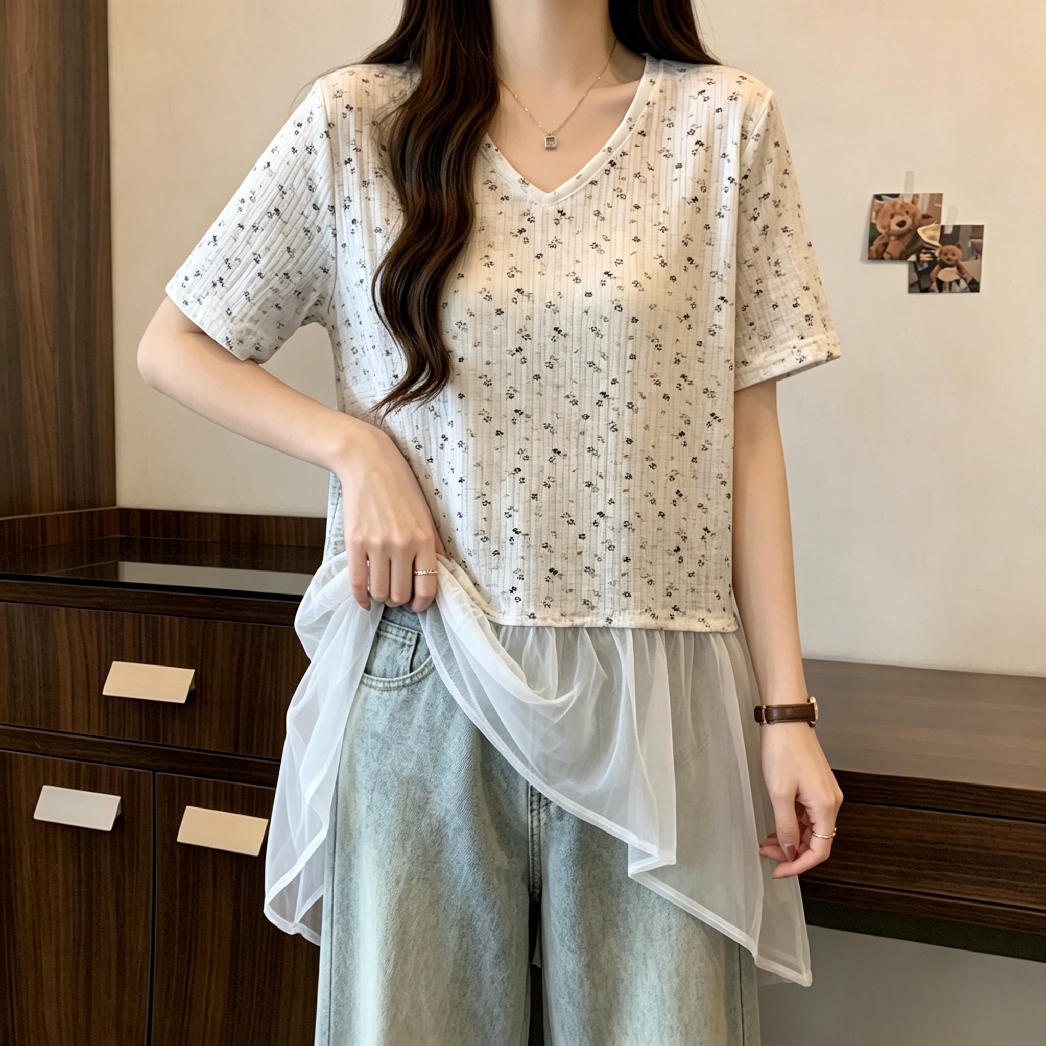 RY6403# 实拍~大码新款慵懒风V领蕾丝花边拼接百搭显瘦短袖T恤上衣